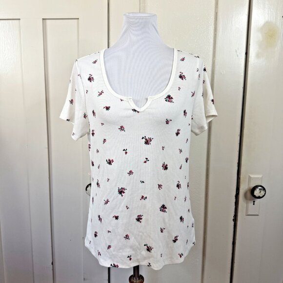 Old Navy Short Sleeve Notch Tee White Floral Ribbed Y2K 90s Aesthetic Babytee - Picture 2 of 7